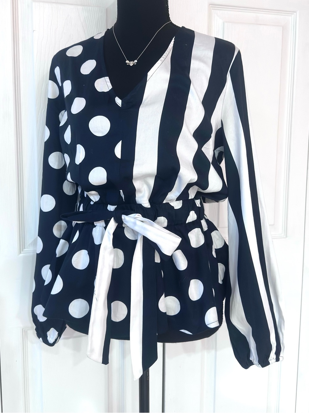 New York & Company Black and White Polka Dot & Stripe Top w/Elastic Tie Waist - Picture 4 of 9